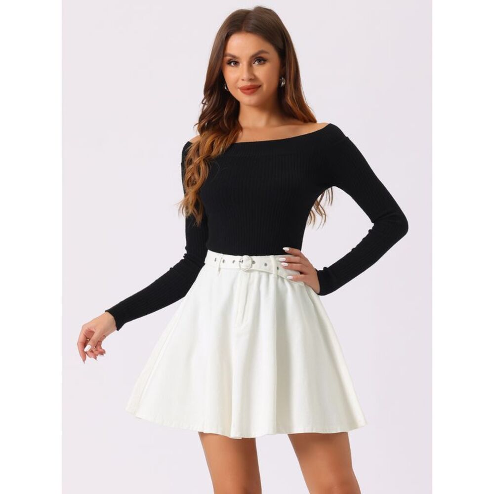 Jean Vintage High Waist with Belt Mini Skater Denim Skirts White-01 - Picture 3 of 6